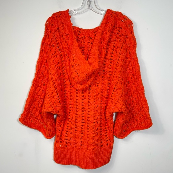 Free People Hooded Open Knit Dolman Sweater Orange Wool Blend Crochet Pullover M - Picture 10 of 16